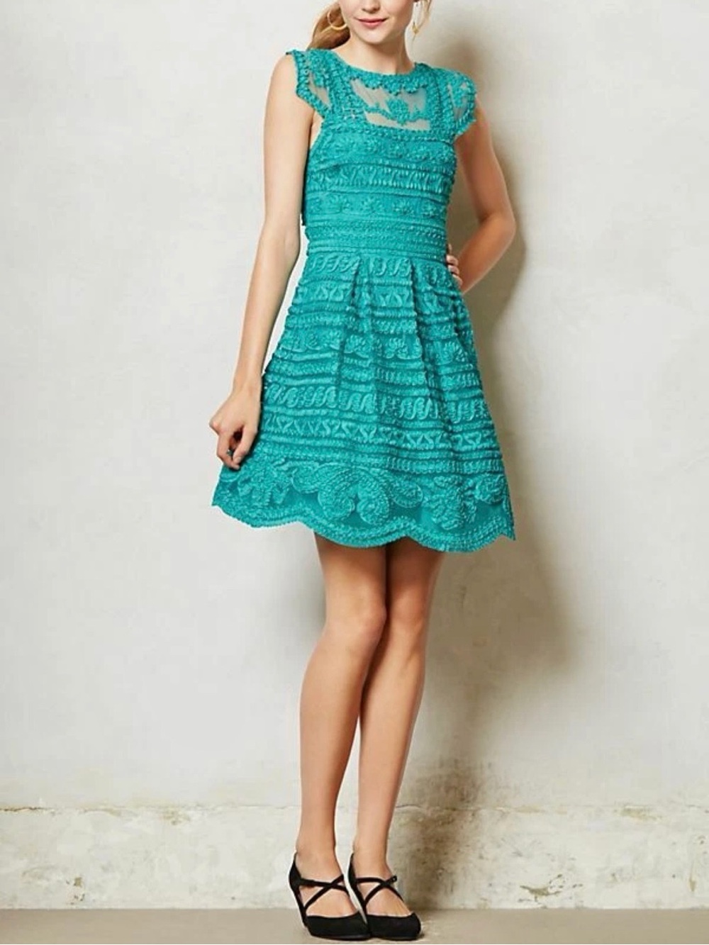 Anthropologie Yoana Baraschi Teal Light Dress Lace Fit & Flare Size 4P